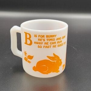 Vintage White Milk Glass Bunny Mug with Orange Print